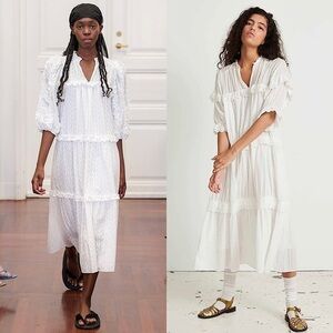 HOFMANN‎ COPENHAGEN Embroidered Puff 3/4 Sleeve Tiered Ruffle Trim Midi Dress 6